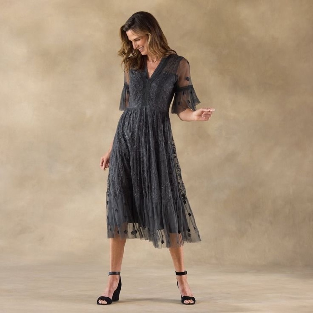 Tolani Cloudine Dress in Asphalt Grey, Floral Embroidered, Women's XL, NWT